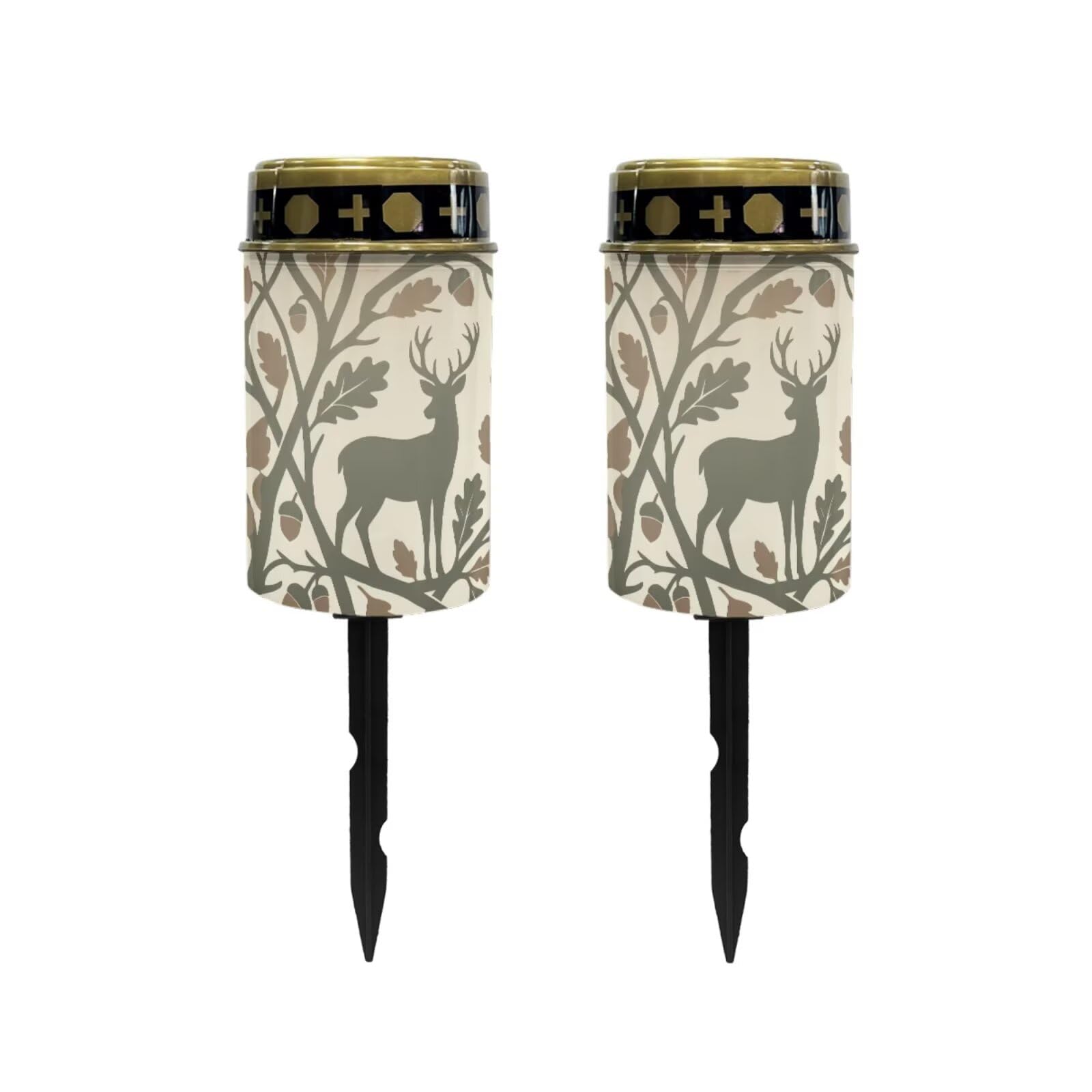 Poceacles Outdoor Solar Lights Solar Grave Candle Outdoor Waterproof Cemetery LED Candles for Cemetery Lawn Porch Outside Decoration, Deer Leaf Green Beige, 2 Piece Set
