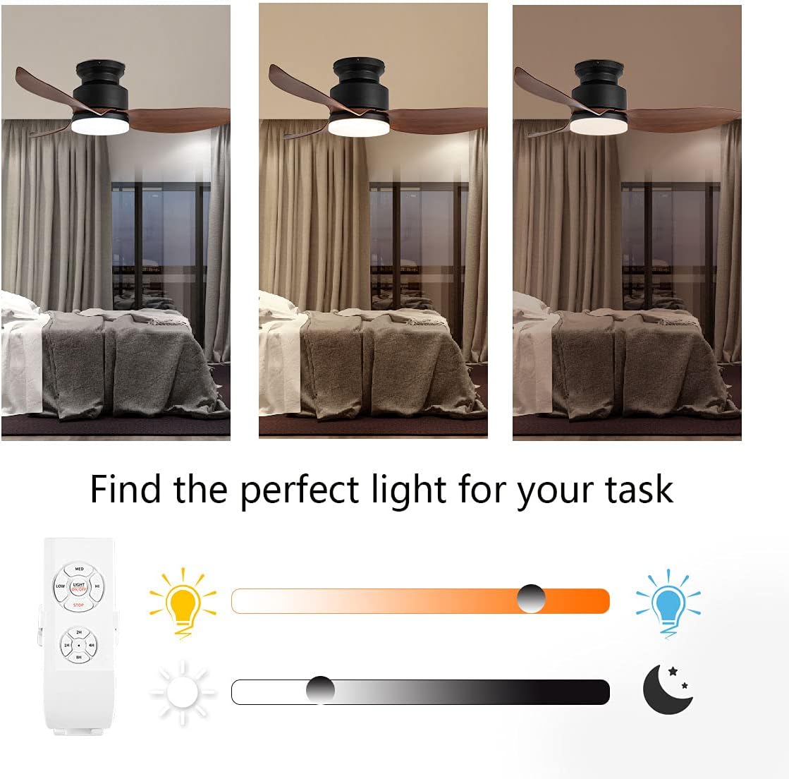 New Product 46'' Modern Small Flush Mount Ceiling Fan with Light and Remote, Low Profile Ceiling Fans with 3 Blades for Living Room/ Bedroom, Matte Black