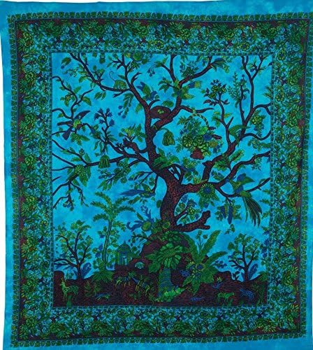 Handicrunch Tree of Life Turquoise Tapestry, Indian Hippie Wall Hanging, Bohemian Bedspread, Cotton Dorm Decor Beach Blanket – ModTrad