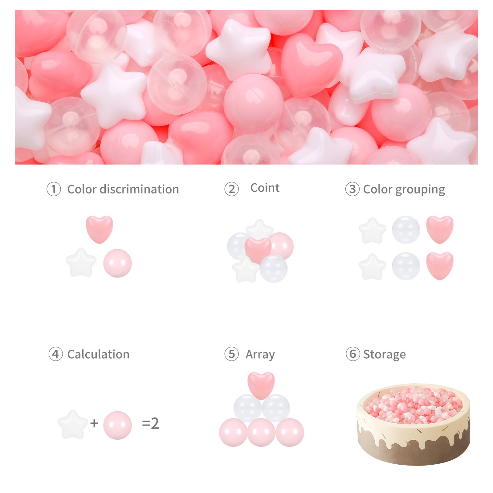 GOGOSO Ball Pit Balls,Plastics Balls for Ball Pit, Stars Hearts Shape for PastelBall for Toddlers Kids, Pink Light Pink White Clear,200pcs