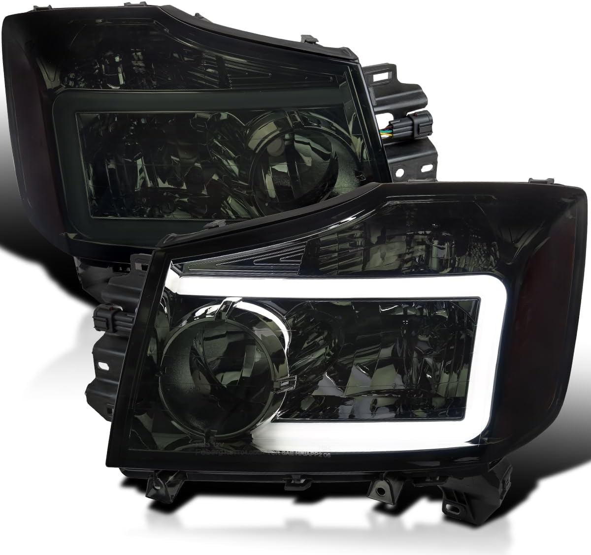 SPEC-D TUNING Smoke Headlights w/LED Light Bar Compatible with 2004-2015 Nissan Titan, 2004-2007 Armada, Left + Right Pair Headlamp Assembly