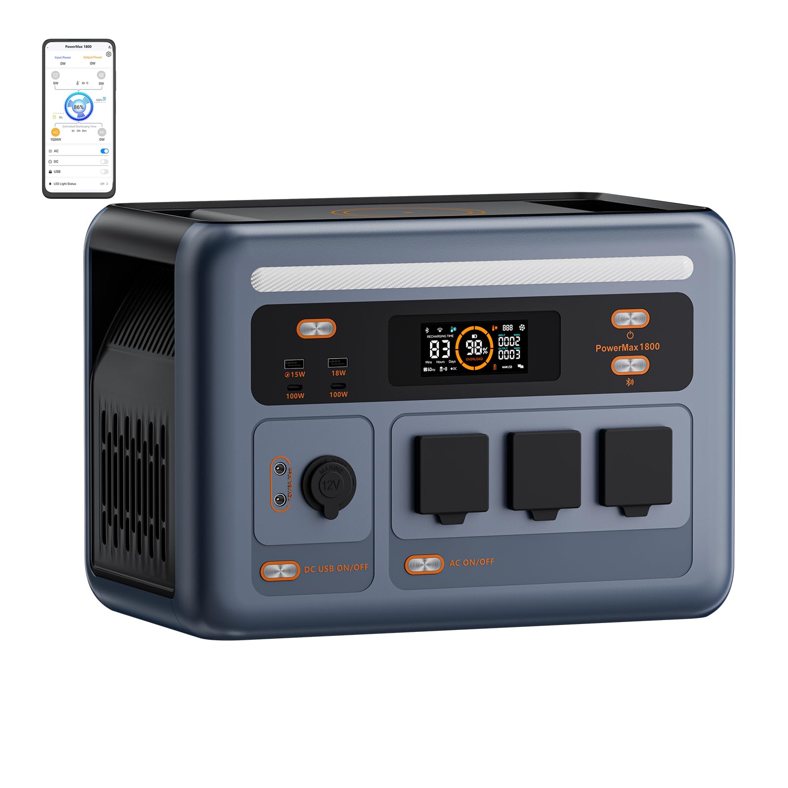 Power Station central eléctrica portátil 1800 W CA (3600 W pico) | Batería LiFePO4 de 1024 Wh, USB-C 100 W, carga rápida, generador de corriente para casa y camping (panel no incluido)