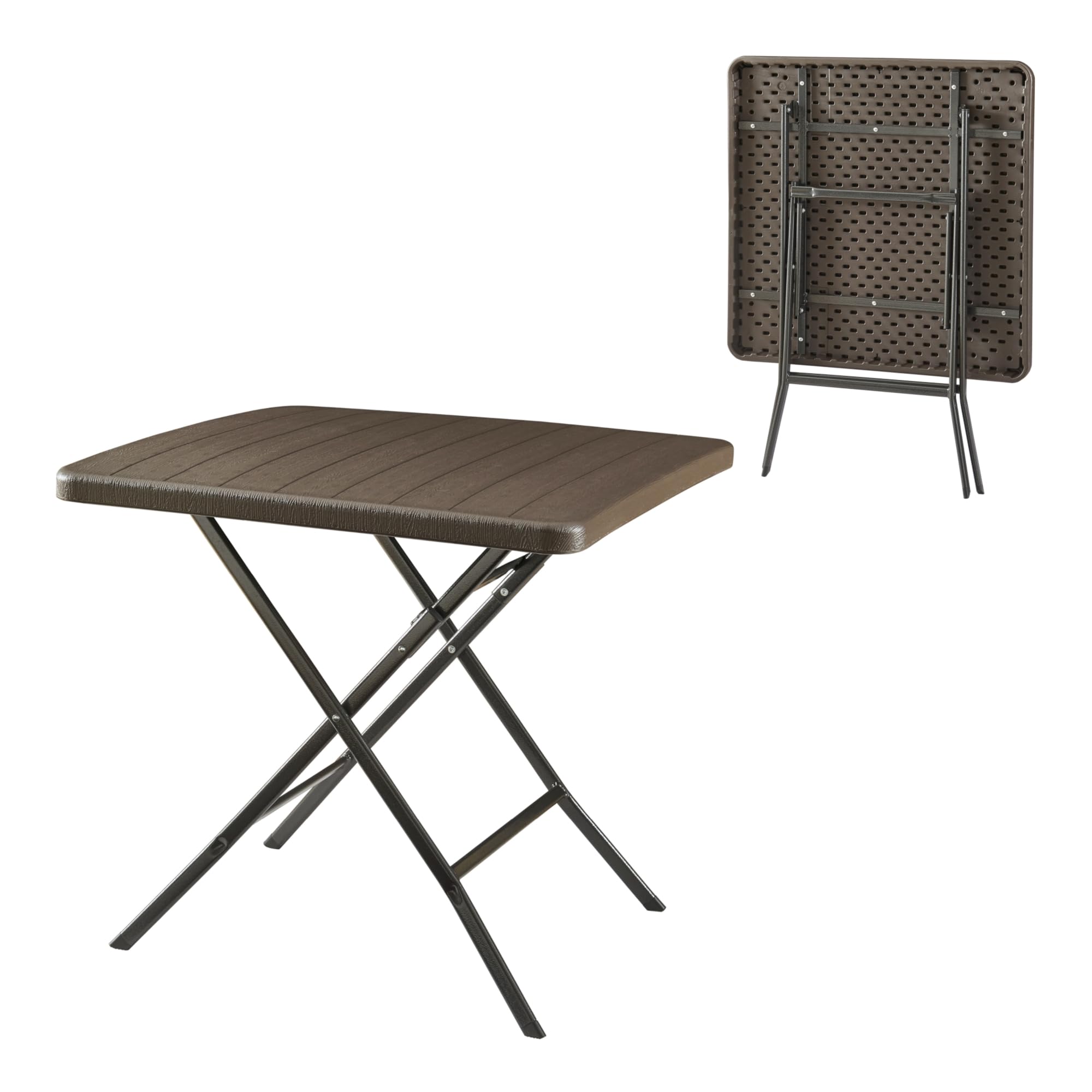 [en.casa] pro.tec składany stół piknikowy Camping przenośny stół do użytku na zewnątrz metalowa rama i blat plastikowy stół 78 x 78 x 74 cm brązowy efekt drewna