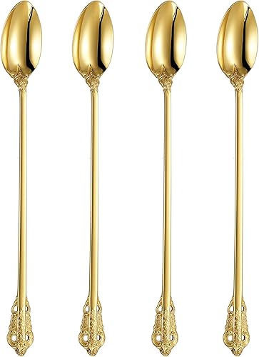 KEAWELL Lujoso juego de cucharas de té helado de 9 pulgadas de largo, 4 piezas, diseño magnífico con acabado pulido de espejo excepcional, acero