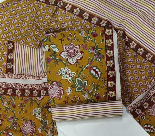 Image of DRAVINAM Trends Women's Premium Cambric Cotton Jaipuri Printed Unstitched Salwar Suit Dress Material with Mulmul Cotton Dupatta