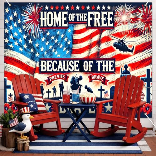 Image of BlissYard 4th of July Backdrop Banner 8x6ft Home of the Free Because of the Brave Patriotic Veterans Tribute American Flag Decorations for Memorial Day Veterans Day Independence Day