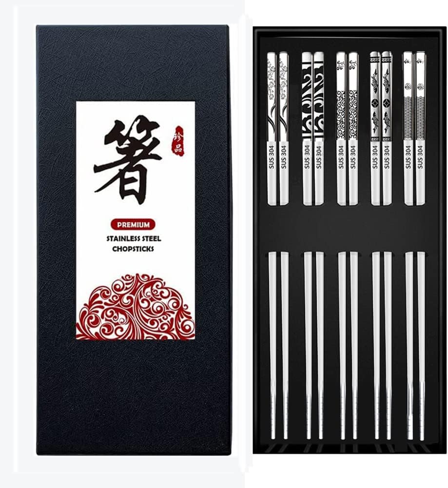 QMHA Metal Chopsticks, Reusable Chopsticks Dishwasher Safe, Stainless Steel Chopstick Silver Chop Stix Multipack Non-Slip Chop Sticks for Japanese Chinese Korean Food, 5 Pairs Gift Set