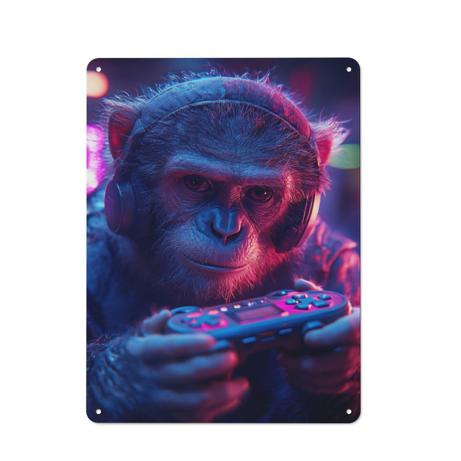 Junmoney Style-7 Country Style Monkey Gamer With Headset And Controller Decorative Metal Sign 40X30cm, Bistro Wall Plaque For Restaurant, Kitchen, Counter Or Breakfast Nook