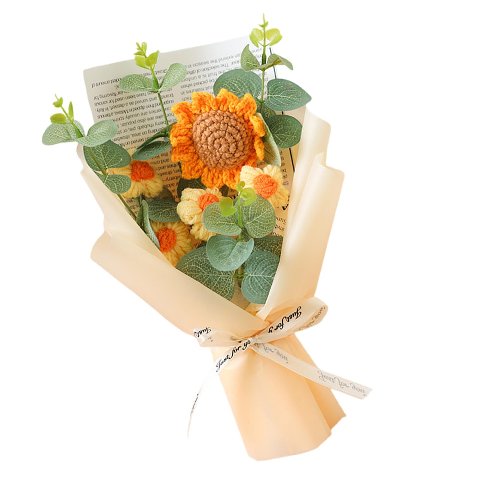 Thoanby Champagne Wool Bouquet,Hand Knitted Flower Yarn Bouquet Friendly Crochet Artificial Flower Home Decoration Everlasts Flowers Arrangement