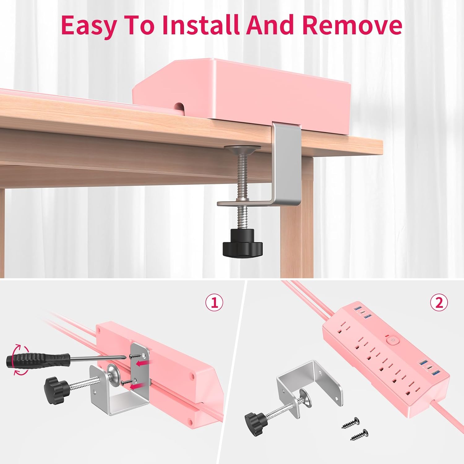 Desk Clamp Power Strip 6FT with 40W USB C Ports, JXGUCAT Flat Plug Desk Mount Power Strip Surge Protector, Removable Extension Cord with 2 USB-C Ports 6 Outlets, Fits 1.8" Tabletop Edge, Pink