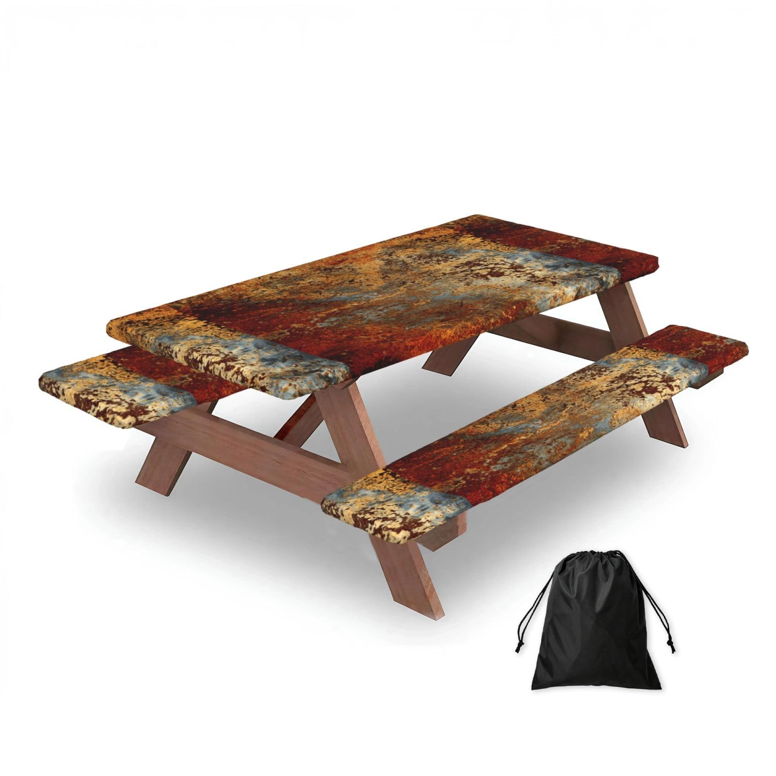 Dopklna As Picture Modern Abstract Splashed Ink Gold Foil Rust, Picnic Table Cover With Bench Covers -Waterproof Elastic Fitted Tablecloth For Garden Camping Patio 76X152cm