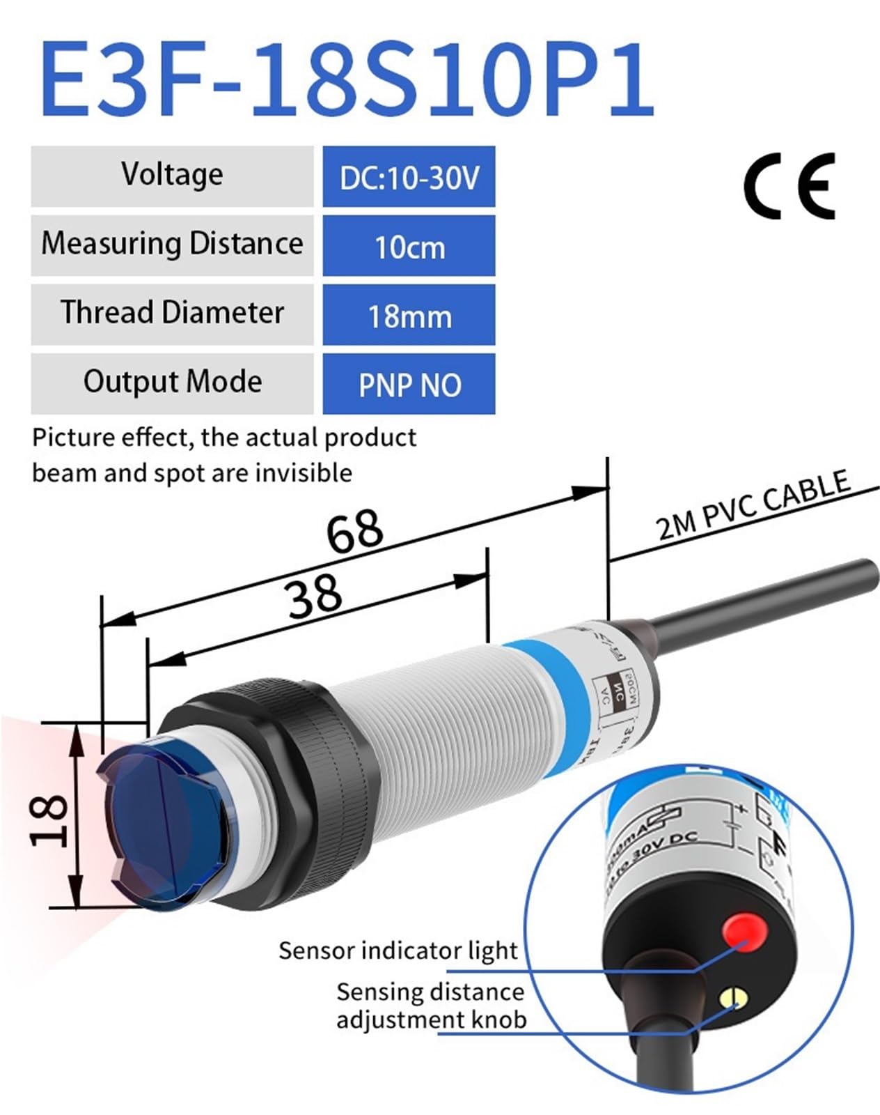 Sensor fotoeléctrico Infrarrojo Difuso Reflexión Distancia de detección 10cm Serie E3F 10-30VDC NPN PNP Interruptor óptico