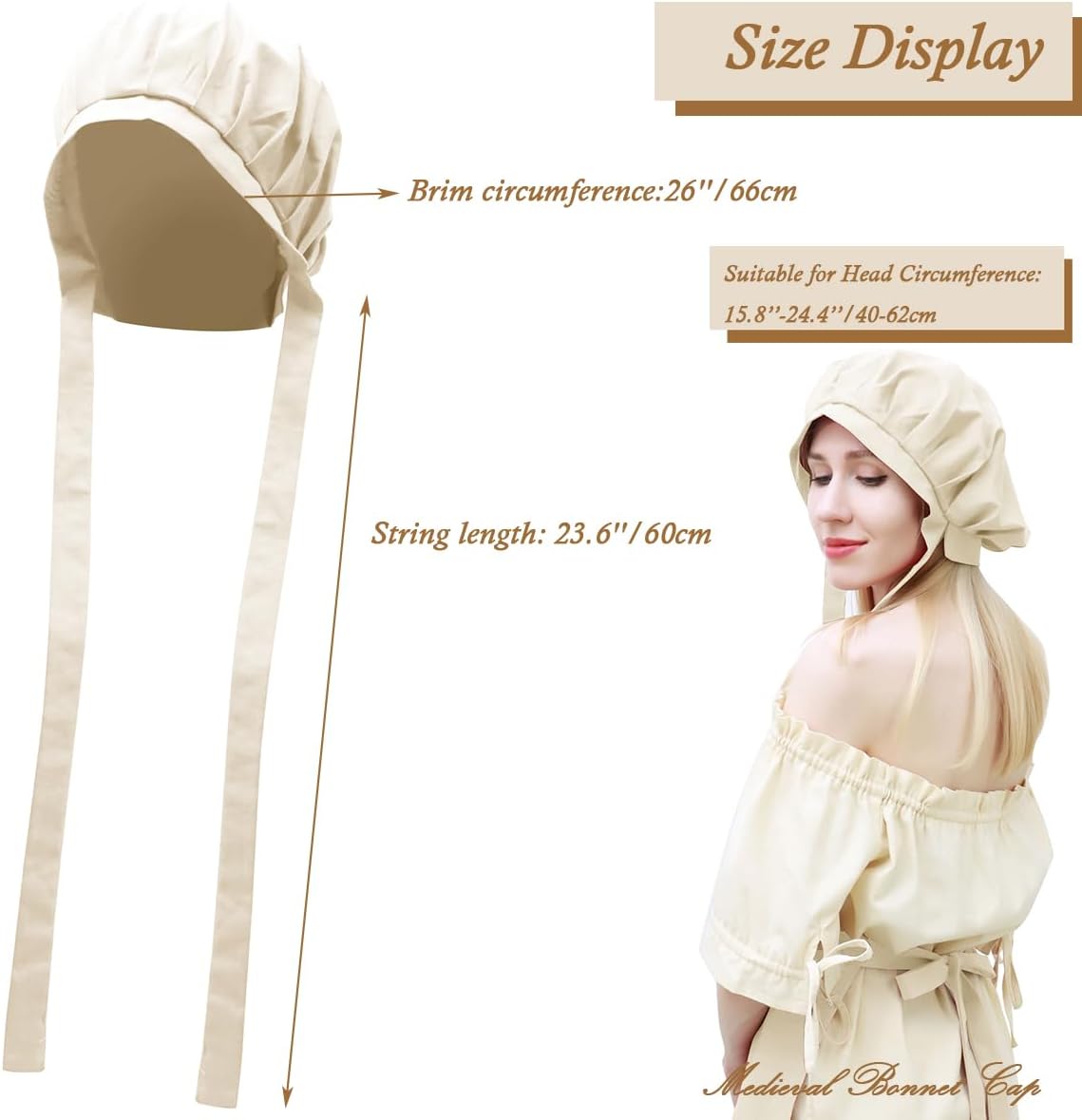 PROCOS Medieval Bonnet Cap Linen Womens Colonial Amish Peasant Mob Hat Headwear Cosplay Costume - Image 3