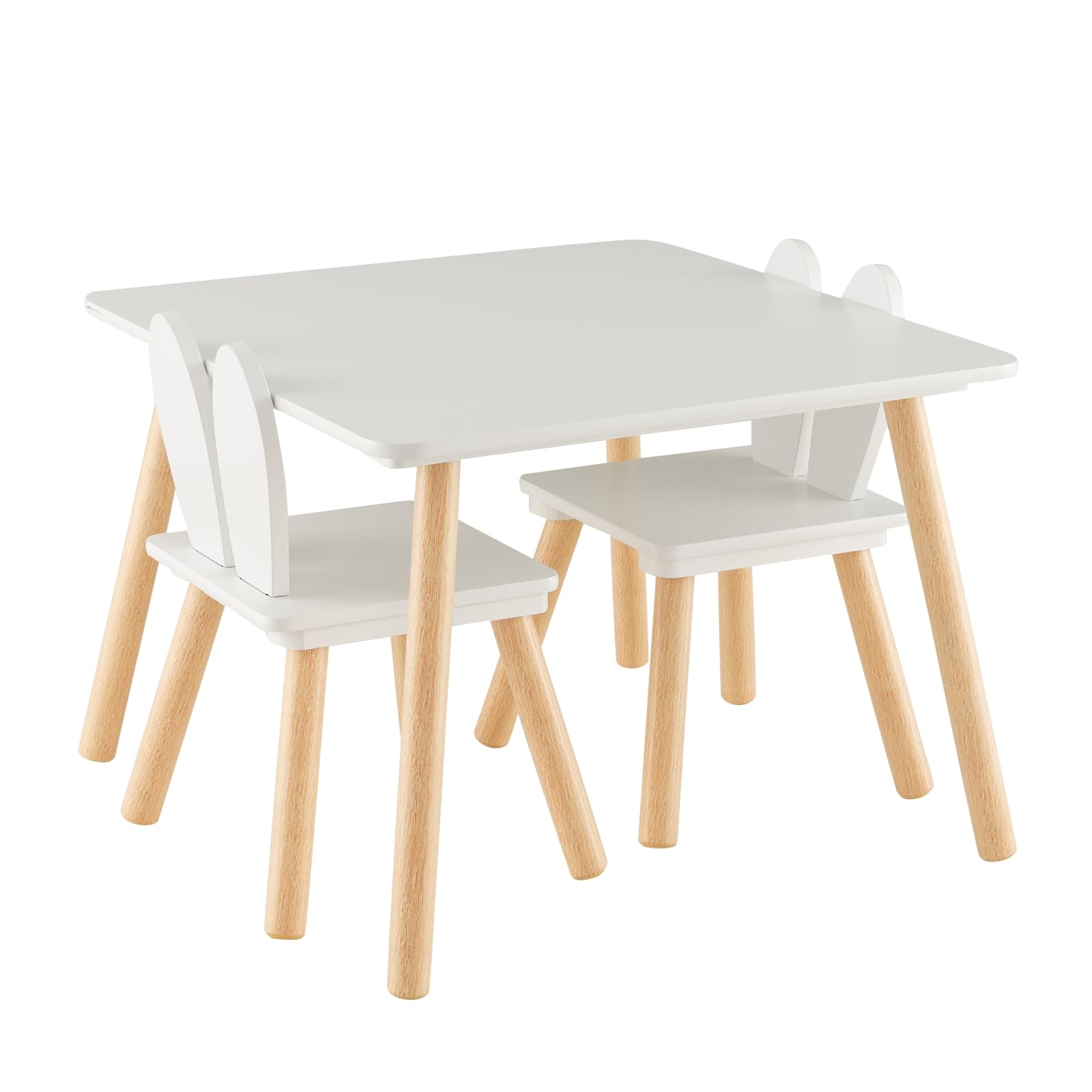 LIFEZEAL Ensemble de Table et Chaise pour Enfants 3-6 Ans, Table Enfant avec 2 Chaises en Bois, Chaise avec Dossier en Forme de Lapin, Charge de 20/40 KG, Table de Jeux 60x60x43 CM (Blanc)