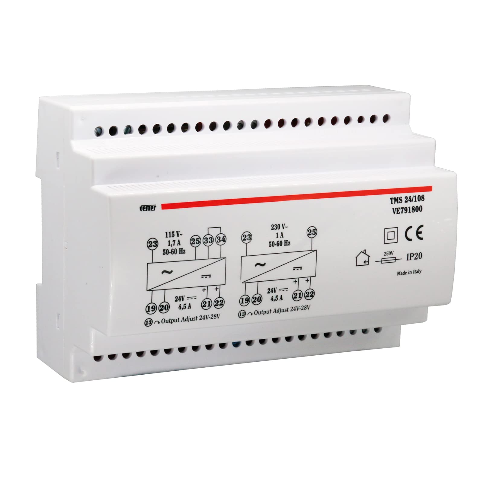 VEMER VE791800 TMS 24/108 - Fuente de Alimentación Conmutada Estable con Instalación de barra DIN, Tensión de Salida 24 V DC, Potencia 108 W, Blanco