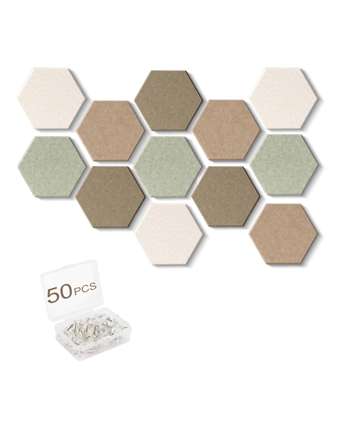 Acidea 12Pcs Hexagon Felt Cork Boards for Walls, Brown Sage Green Self-Adhesive DIY Bulletin Board Vision Board with 50 Push Pins, Pin Board for Office School Home Wall Decor Photos Display Memos