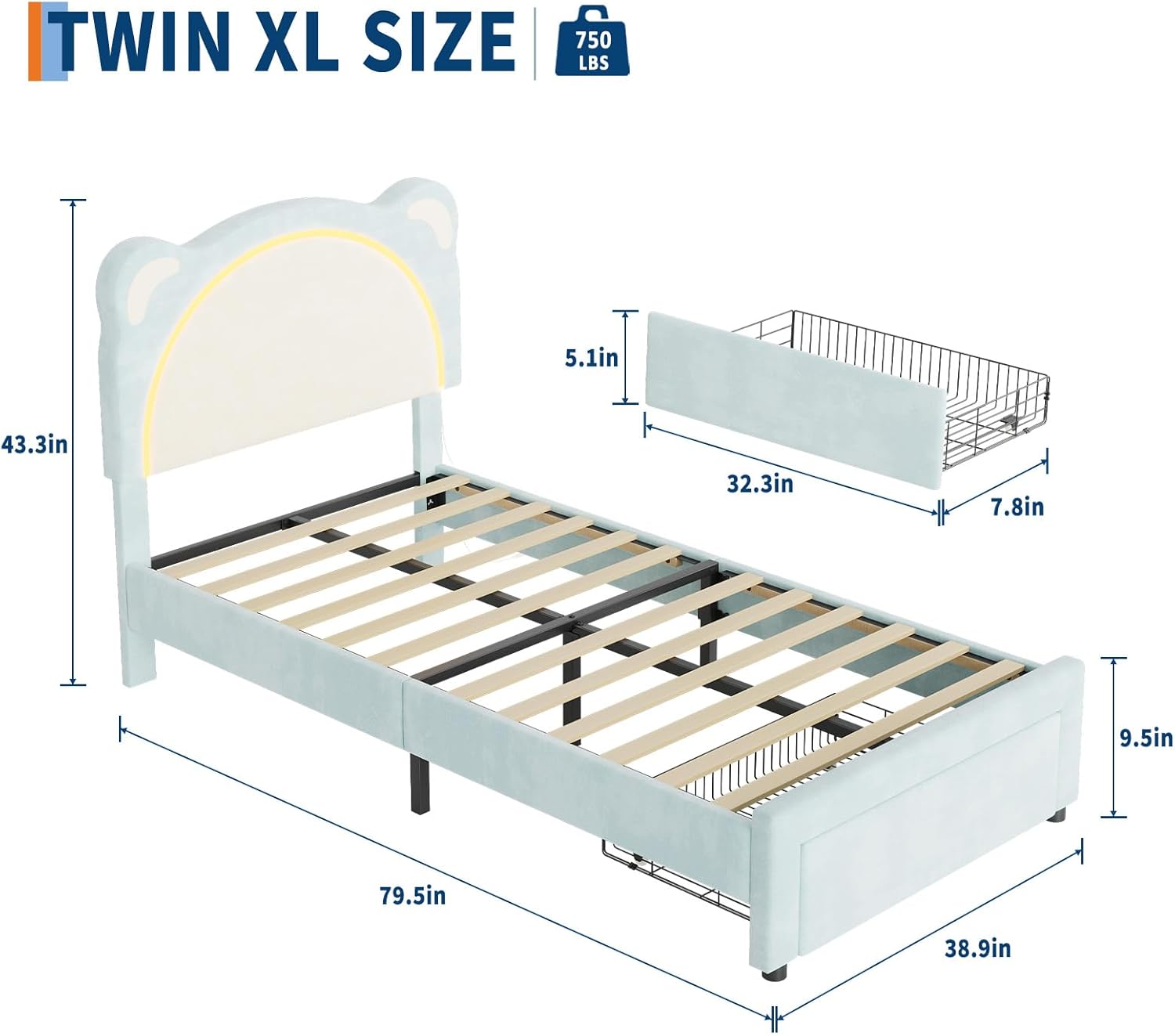 IDEALHOUSE Twin XL Size LED Bed Frame with Storage Drawers,Adjustable Headboard with Cute Bear Design,Soft Velvet Fabric Bed Frame for Kids,Solid Wood Slat Support,Noise-Free,Easy Assembly,Blue