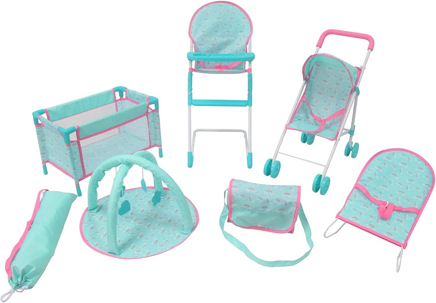 KOOKAMUNGA KIDS 6 Pc Baby Doll Stroller Set - Baby Doll Accessories - Baby Doll Playset w/Doll Crib Stroller High Chair & Feeding Tray - Playpen - Bouncer - Diaper Bag - Activity Mat - Ages 3+ (Blue)