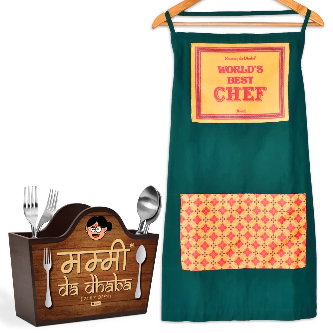 Indigifts Kitchen Apron & Cutlery Holder Mothers Day Gift Set (Yellow & Green) Apron for Mom Birthday Mummy Da Dhaba Apron Cutlery Set for Dinning Tabel Wooden Cutlery Set Cutlery Set With Stand