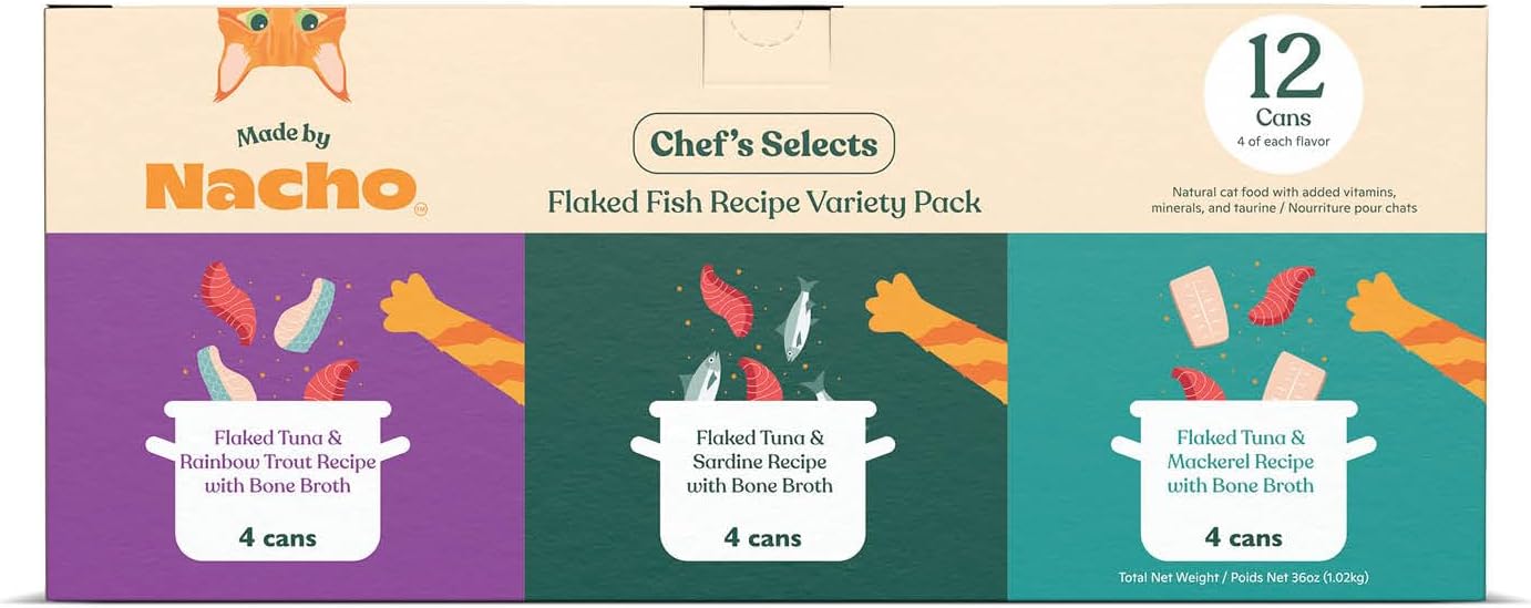 Flaked Filets Recipe in Bone Broth, Grain-Free Chef's Selects Wet Food for Cats Balanced Diet in Naturally Hydrating Pumpkin-Infused Broth (3.0 oz (Pack of 12), Flaked Fish Variety Pack)