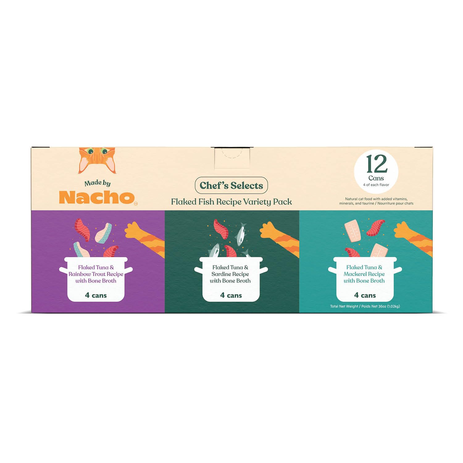 Made by Nacho Flaked Filets Recipe in Bone Broth, Grain-Free Chef's Selects Wet Food for Cats Balanced Diet in Naturally Hydrating Pumpkin-Infused Broth (3.0 oz (Pack of 12), Flaked Fish Variety Pack)