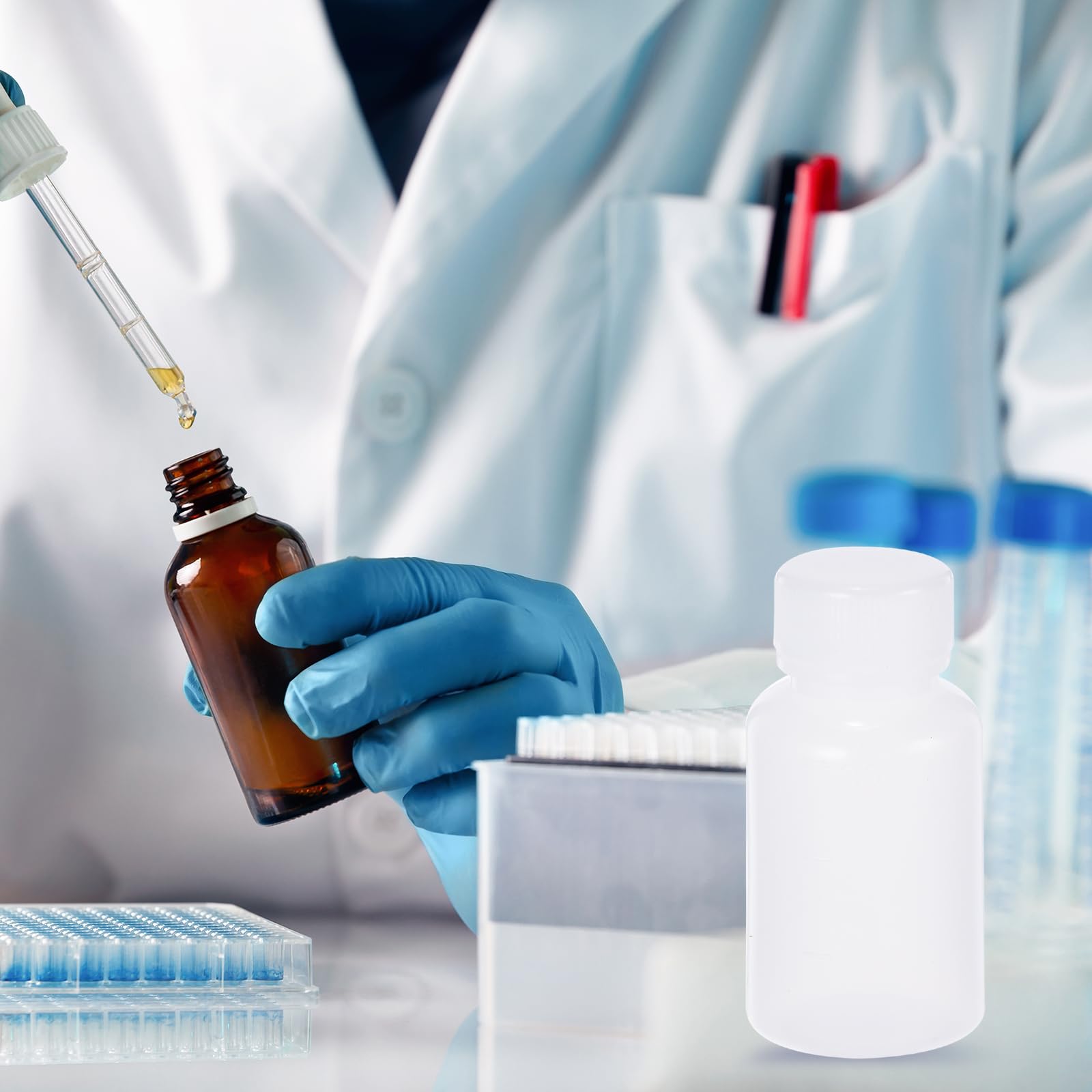 PATIKIL 50 Stück 30ml Kunststoff Flasche, PE Weithalsflasche Rundflaschen mit Schraubverschluss für die Lagerung von Labormedien, Reagenzien, undurchsichtiges Weiß