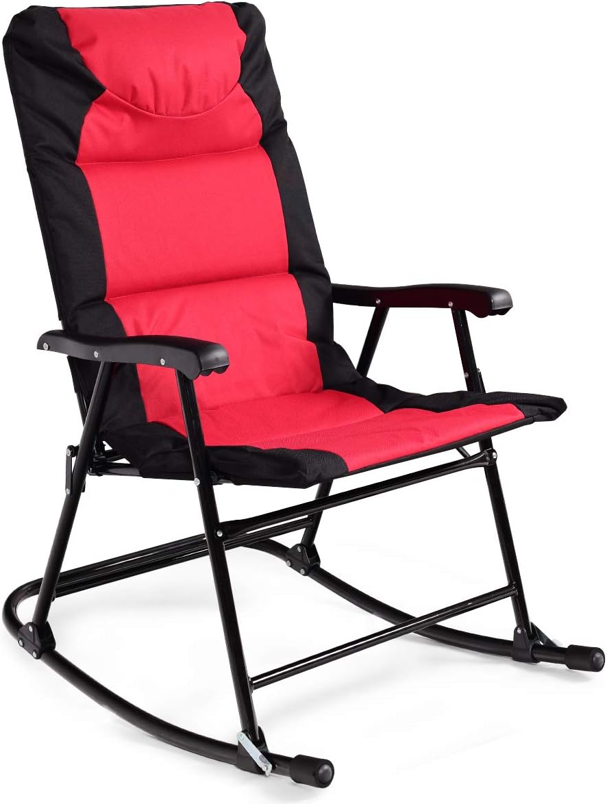 RELAX4LIFE Bistro Set 3-Piece W/ 2 Foldable Rocking Chairs and 1 Glass Table for Balcony, Yard Outdoor Patio Chairs and Table Set (Red)