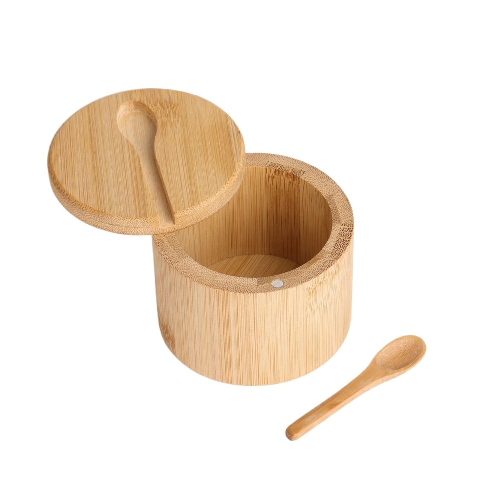 LuoAXINN Wooden Salt Cellar Condiment Box Salt Seasoning Jars Pepper Jar Magnetic Rotating with Cover Sugar Container Holder Lid Function Multi Bowls(With spoon)
