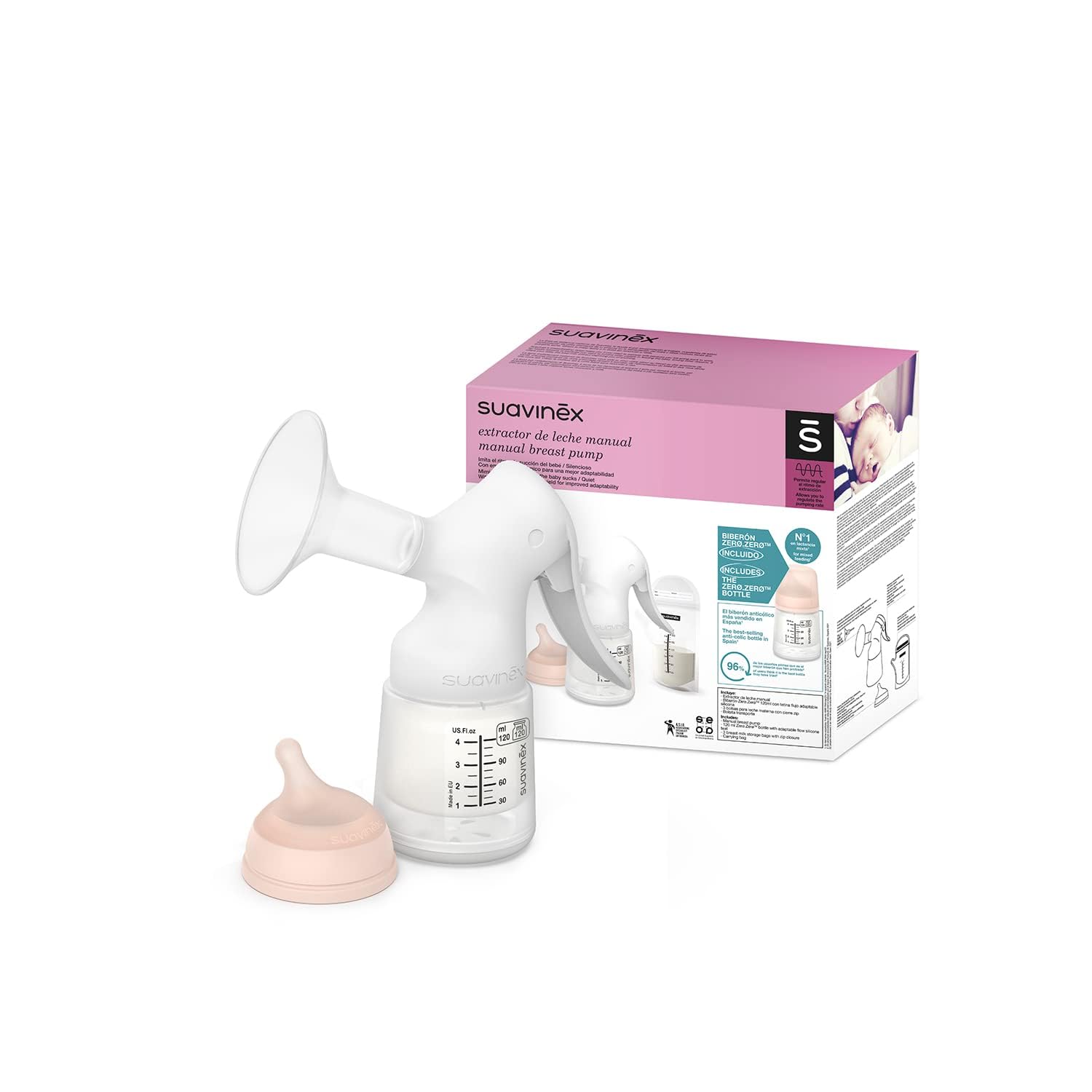 Suavinex, Materna-Milchpumpenset für manuelle Milchpumpe, 120 ml, mit anpassbarem Durchfluss, 3 Aufbewahrungstaschen, Reißverschluss, Transporttasche, manuelle Milchpumpe