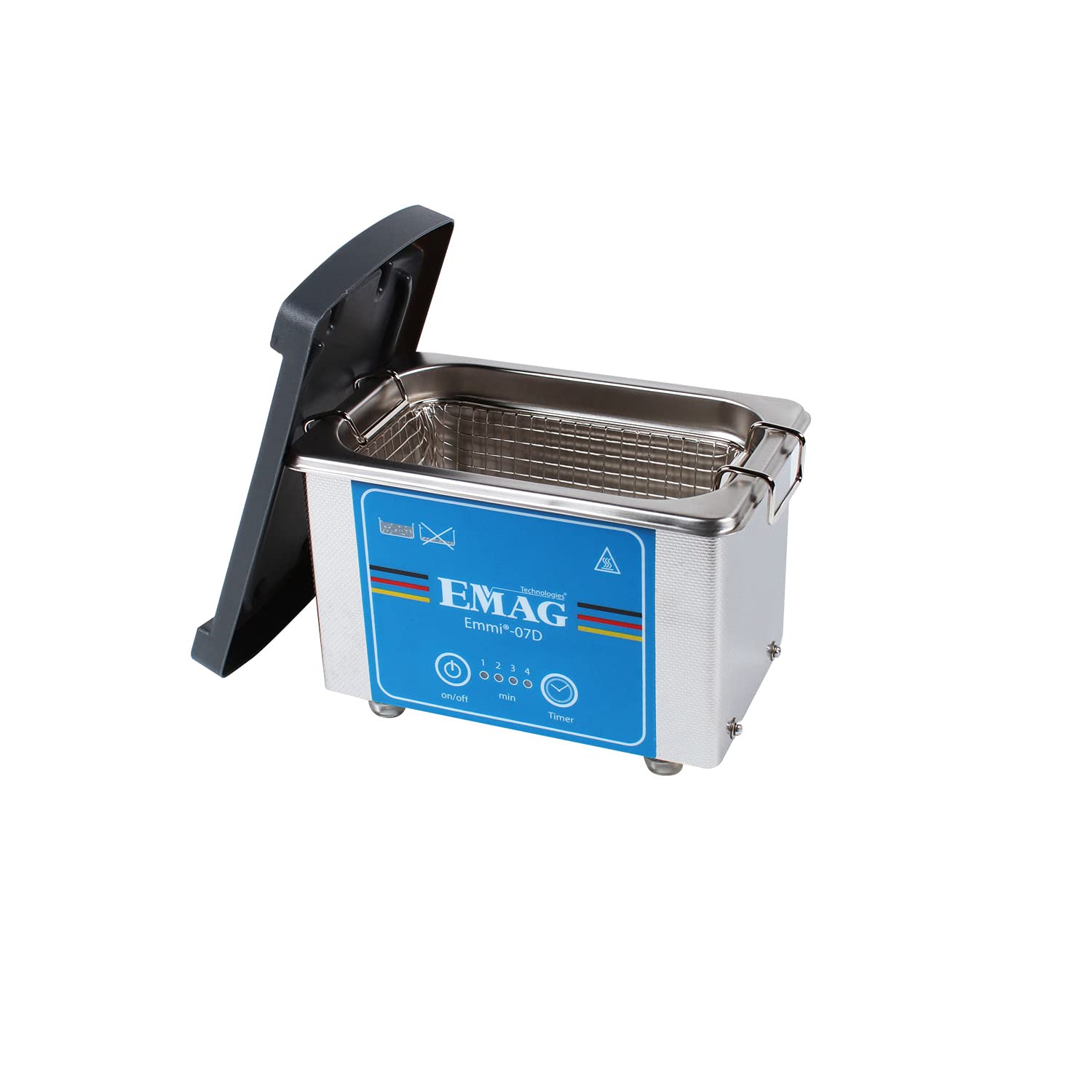 EMAG - Detergente a ultrasuoni Emmi 07D, in acciaio inox, per la pulizia degli occhiali, anche gioielli e orologi + timer, dispositivo per la pulizia a ultrasuoni dalla Germania, 500 ml