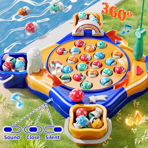 JUKUDAHU Magnet Fishing Game for Kids Toddlers Aged 3 4 5 6 7 8 - Fishing Toys with 36 Fishes Toys, 8 Poles, Rotating Board Game with On-Off Music, Educational Birthday Gifts for Boys Girls 1-3(Blue)