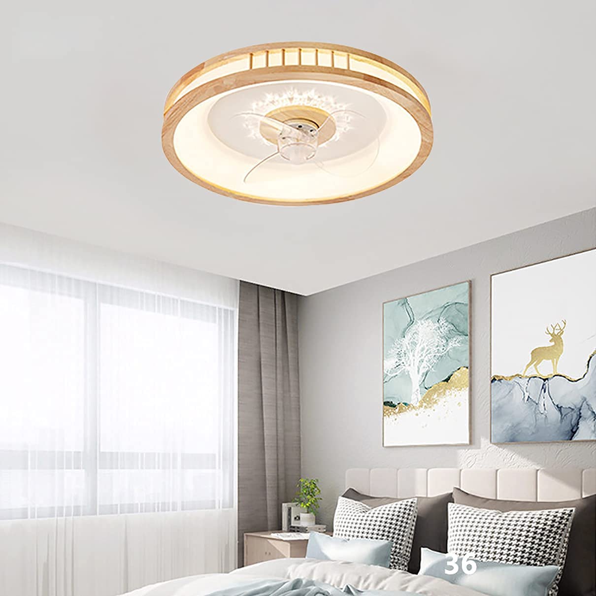 Lampy Ronde houten plafondventilatorlamp, 3 kleuren traploos dimmen LED-kroonluchter, inbouw-plafondventilator met laag profiel Meble