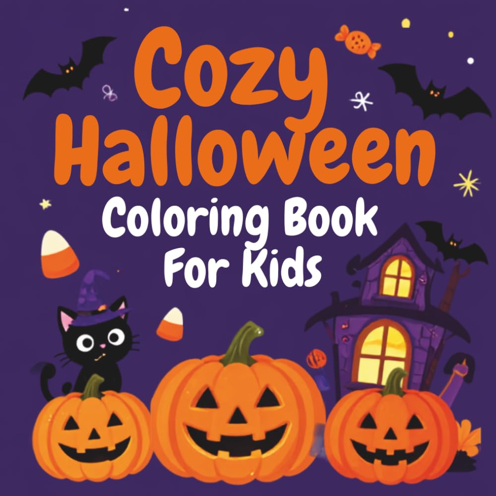 Cozy Halloween Coloring Book: Bold and Easy Halloween Illustrations with Pumpkin, Candy, Haunted Houses, and Friendly Ghosts.