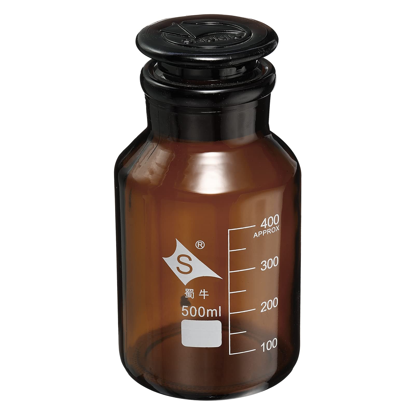 PATIKIL 500mL Reactivo Medios Botella, 1uds Redondo 3.3 Borosilicato Vidrio Graduado Almacenamiento Botella con Ámbar Tapa para Laboratorio Hogar, Ámbar