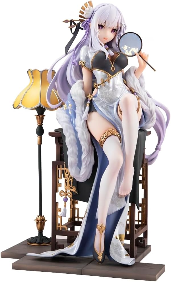 Emilia Figure Re:0 Rem Statue, 23cm Cheongsam Edition Sitting Pose Remu Figurine Anime Action Figure with Scene Sculpture Model Collectible Gifts