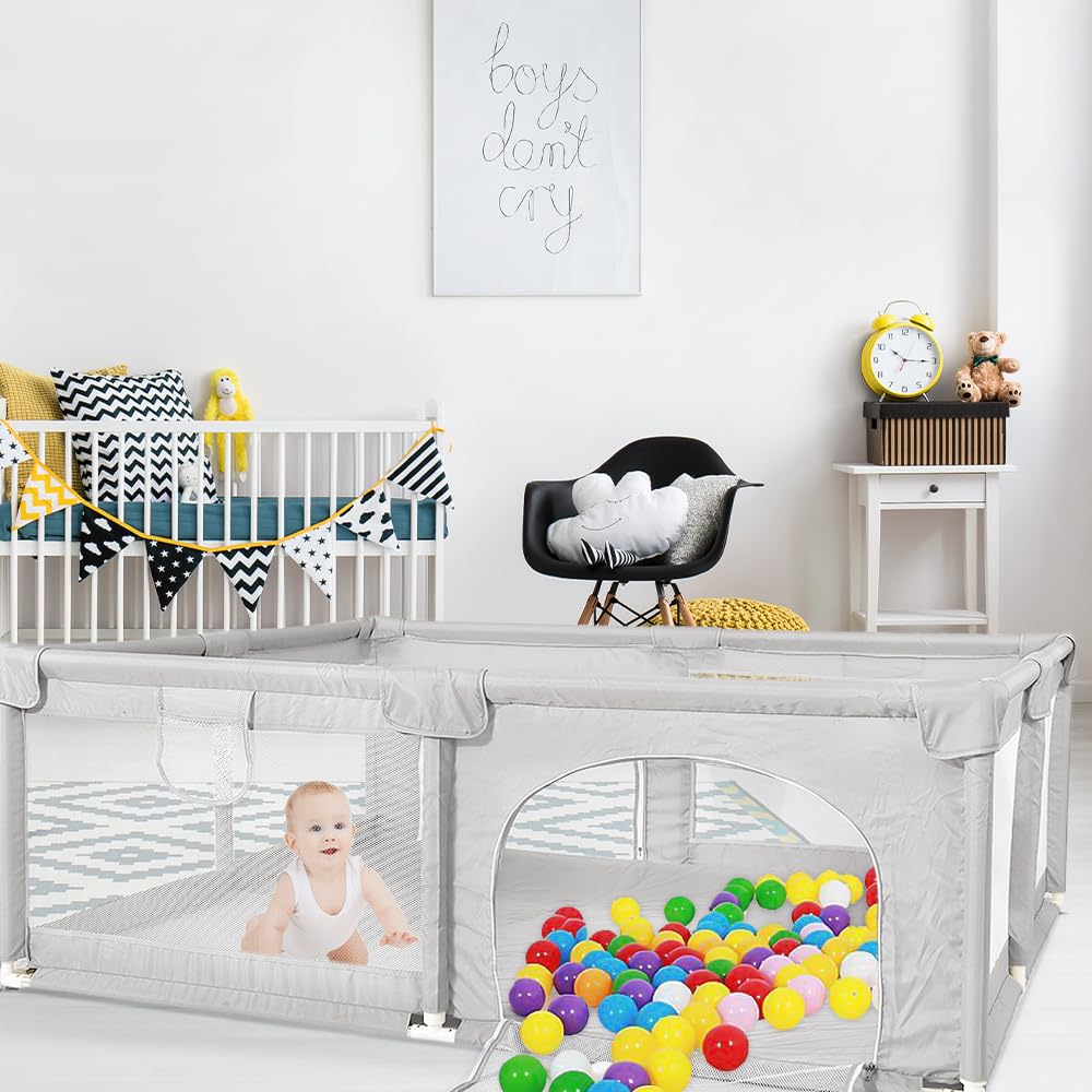 Parc Modulable 150x200 cm pour Enfant en Bas Âge avec Porte Zippée, Tapis Gris Clair