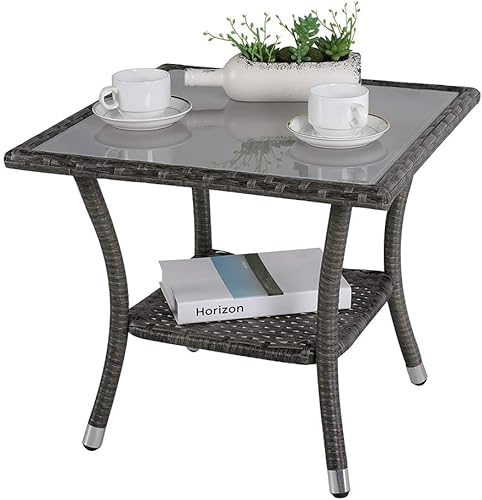 Super Patio Mesa auxiliar de mimbre para exteriores, mesa auxiliar de ratán para patio, mesa auxiliar cuadrada de cristal con almacenamiento, marco