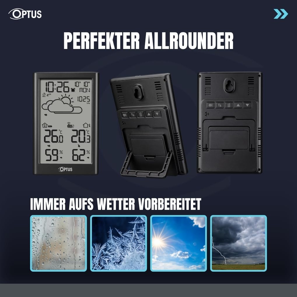 Optus estación meteorológica inalámbrica con sensor exterior, reloj DCF, alerta de heladas, temperatura y humedad interior y exterior, negro