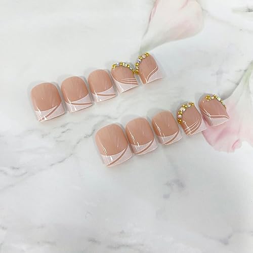 Miniatura 3 de Uñas postizas cuadradas a presión, uñas postizas cortas de color rosa, con diseños de diamantes de imitación, uñas francesas brillantes de cobertura
