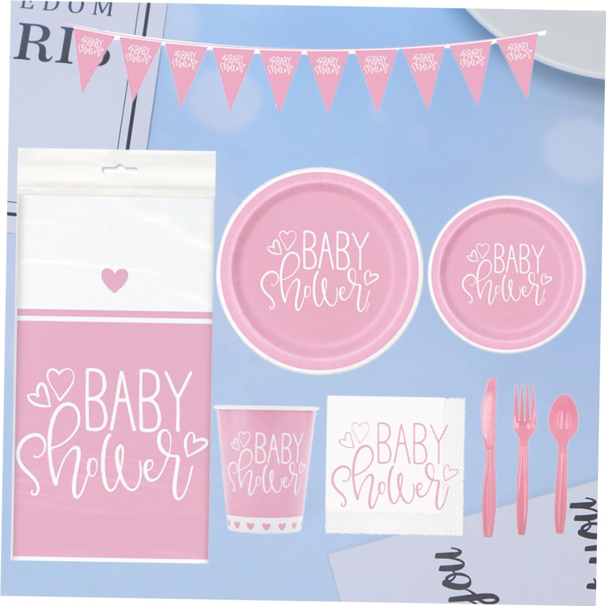 Birthday Party Supplies Set Disposable Tableware Shower Kit Banner and Dessert Decorations for Guests