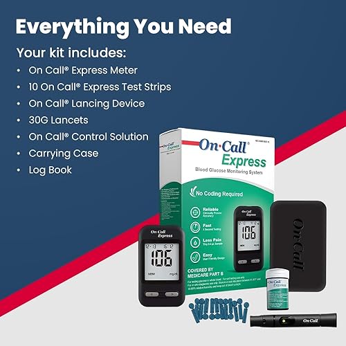 Miniatura 6 de On Call Kit de prueba de diabetes Express - Medidor de glucosa en sangre, 10 tiras de análisis de sangre, 1 dispositivo de punción, lancetas de 1.06