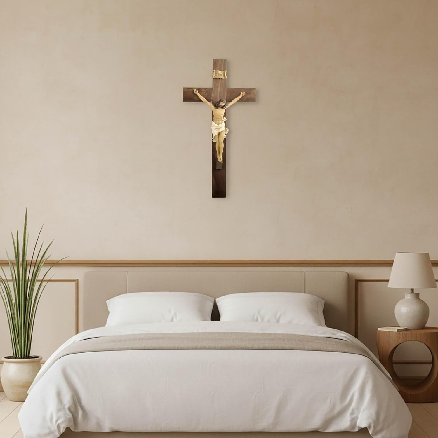 PlentifulHome Large Wall Crucifix – 19” Wooden Cross with Resin Jesus Statue and INRI Plaque, Catholic Christian Wall Decor for Home, Church or Chapel
