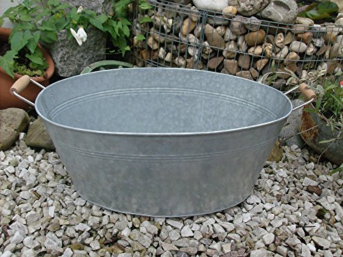 Pflanzwanne / Pflanzkübel Zink mit Holzgriffen oval 58cm x 29cm Tiefe 22cm