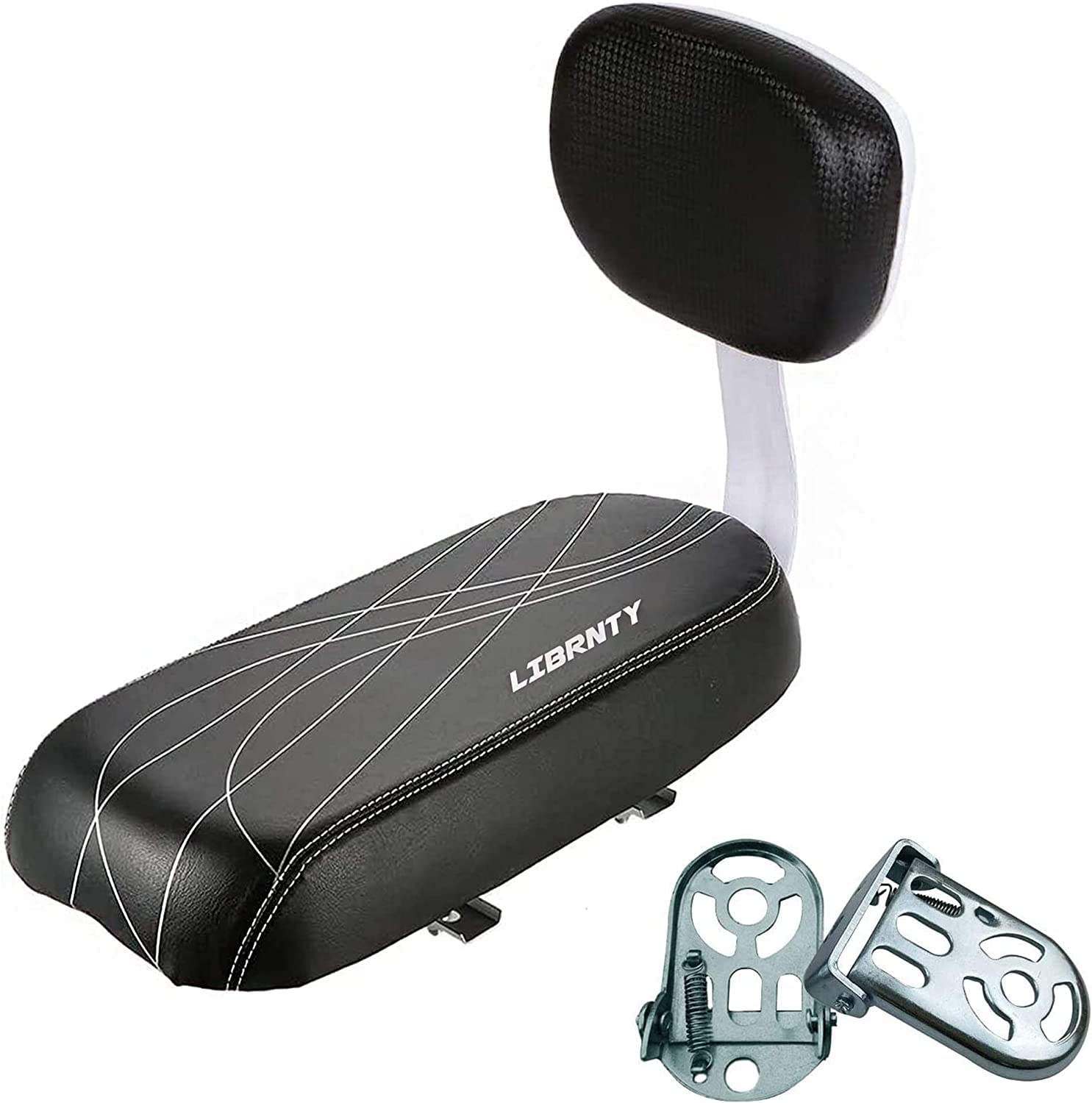 Juego de reposapiés para asiento trasero de bicicleta, cojín suave de piel sintética MTB asiento trasero para niños con respaldo, respaldo de esponja gruesa suave seguro cómodo, incluye cojín