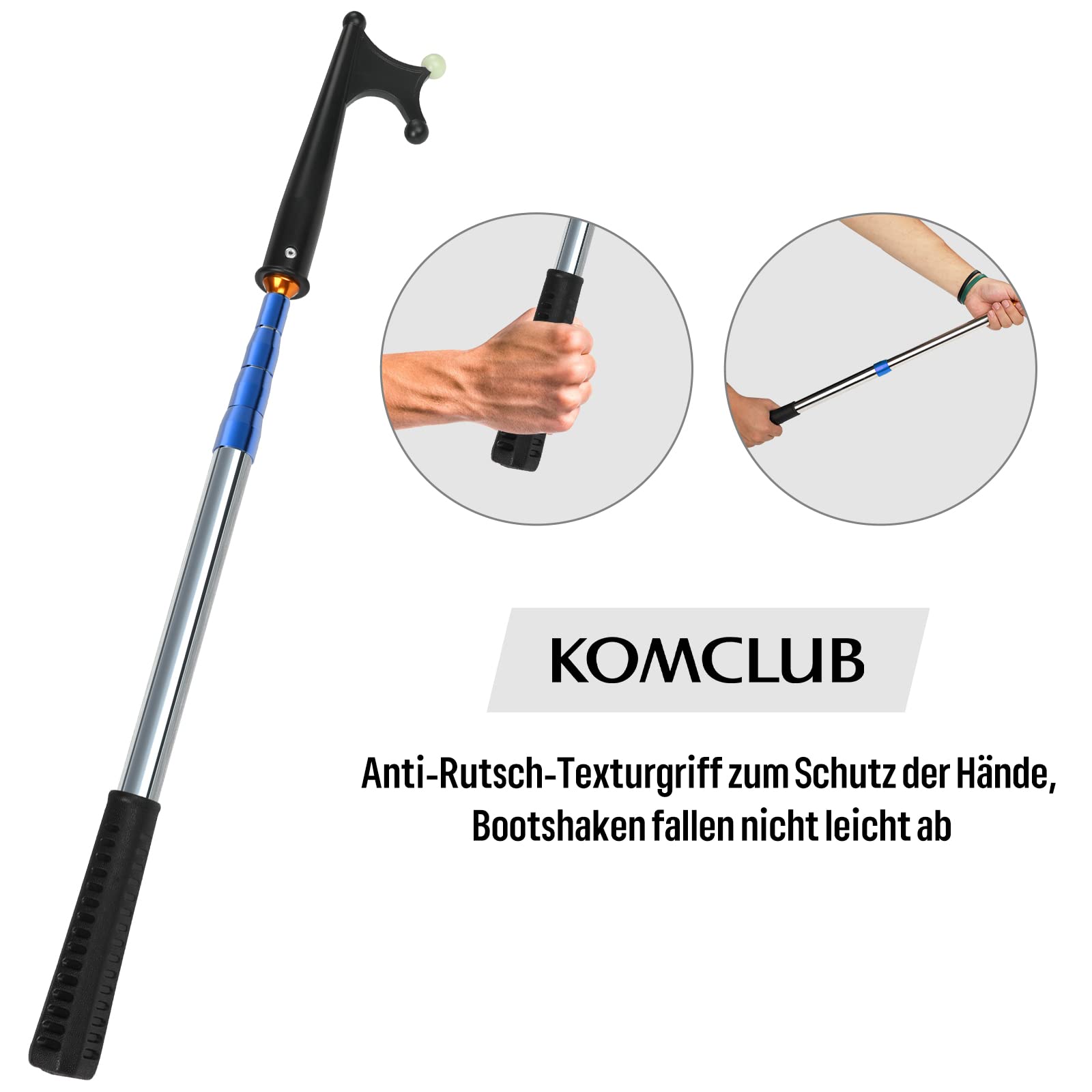 KOMCLUB Teleskop Bootshaken | Kompakt zusammenklappbar & platzsparende Lagerung, Vielseitiger Allround-Helfer für alle Wassersportler
