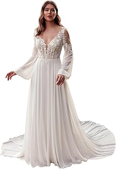 Miao Duo Women's Elegant Lace Beach Wedding Dresses for Bride 2025 with Sleeves Wedding Bridal Gowns YZTS014