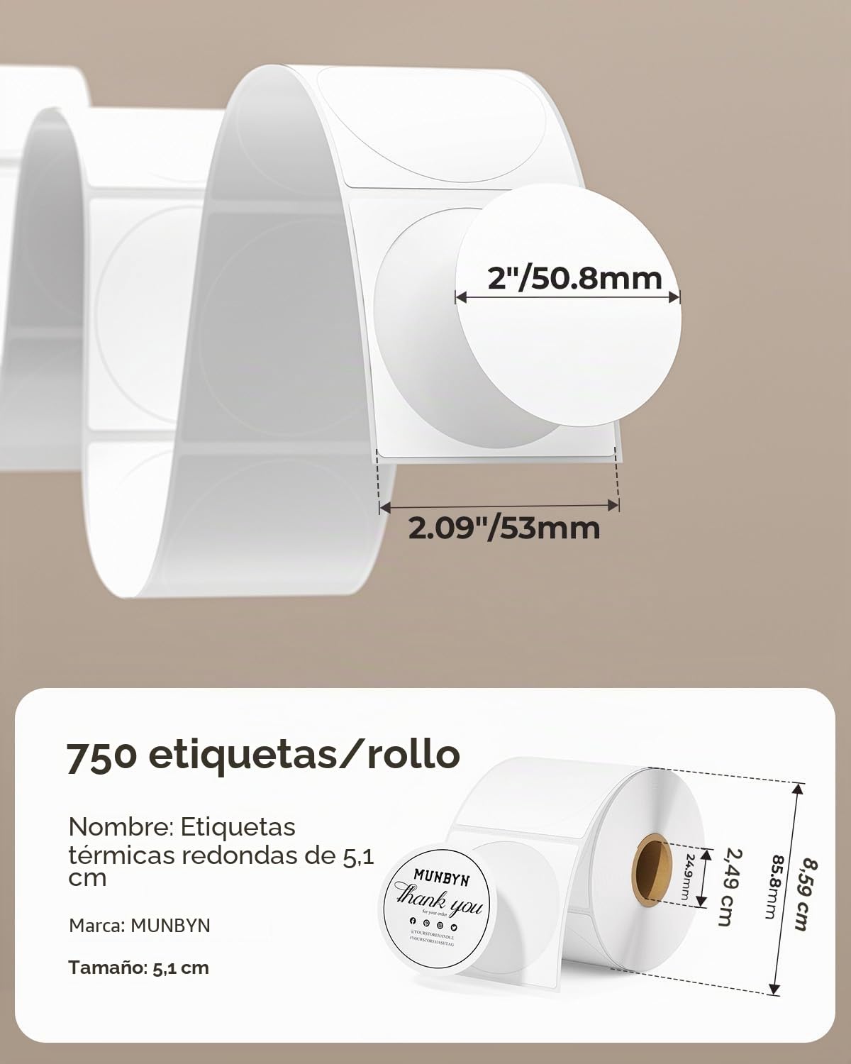 MUNBYN-750 etiquetas térmicas redondas, etiqueta térmica de 51mmx51mm redonda, pegatina autoadhesiva resistente a arañazos, agua, suciedad, polvo y grasa-Blanco