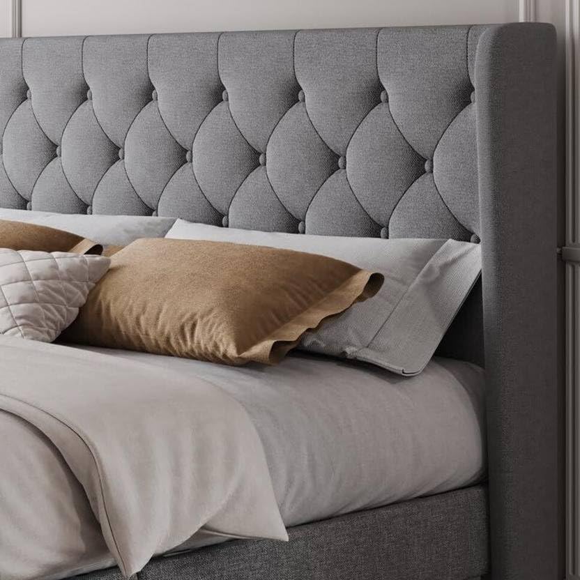 Image of Custom Decor Fabric Upholstered King Size Bed with Button Tufted Headboard for Bedroom || Solid Wood Bed | (Light Grey, King (U.K. Standard))