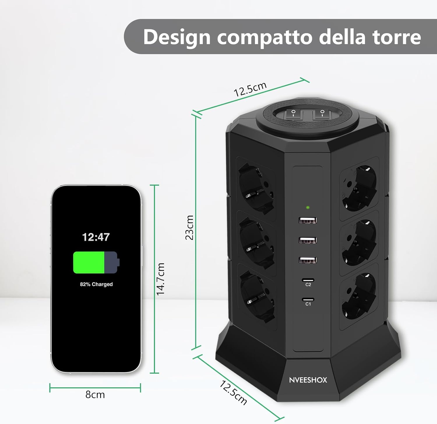 NVEESHOX Ciabatta Multipresa con 12 Prese Schuko (4000W 10/16A) & 2 USB-C (20W PD3.0) & 3 USB-A, IT Multipresa Verticale Protezione Sovratensione con Interruttore,Presa Multipla Cavo 2 M (Nero) - Immagine 5