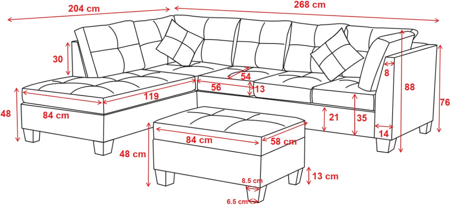 3-Piece Sofa with 1 x 3-seat Sofa, 1 x Left Chaise Lounge, 1 x Storage Ottoman, 7 x Back Cushions，2 x Throw Pillows (Gray)